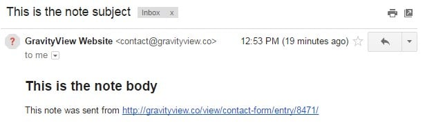 Email showing a note with subject, body, and link sent from GravityView website