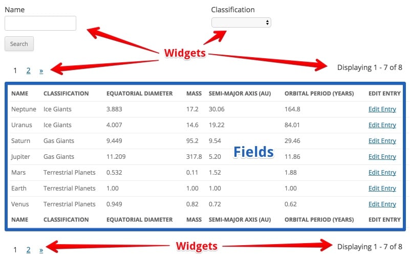 Search form and results table for planetary data, with pagination controls and options to edit entries
