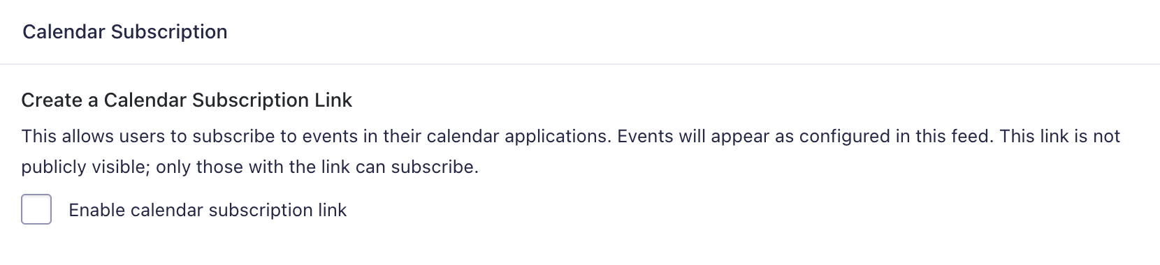Checkbox to enable calendar subscription link for event updates in calendar apps