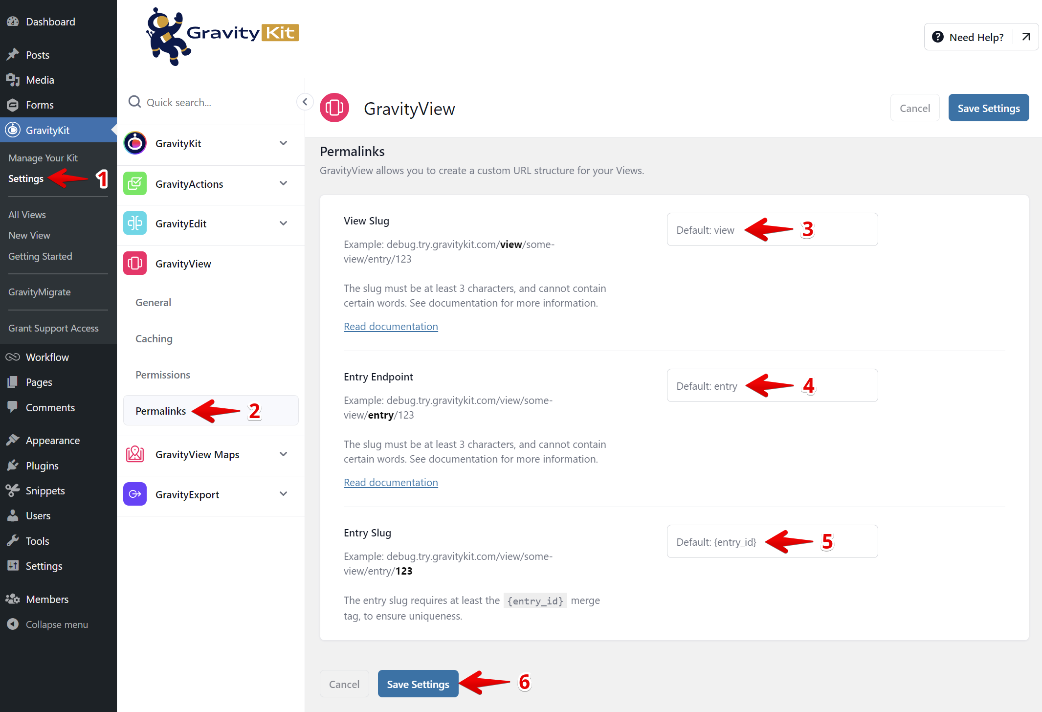 GravityView settings page for configuring custom URL structure with options for view, entry, and entry slug