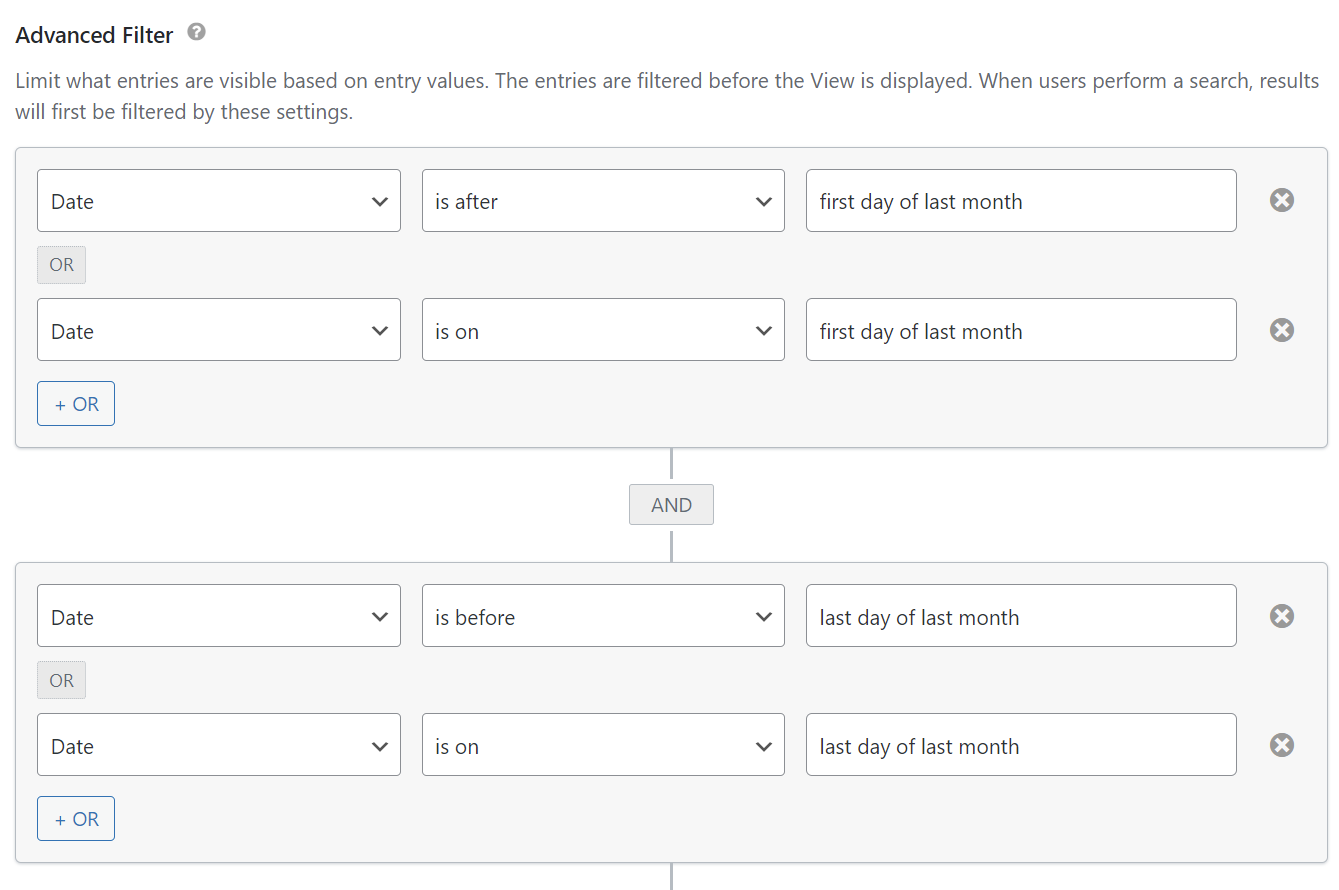 Advanced filter setup for entries based on date criteria, using conditions "is after" or "is on" specific month dates
