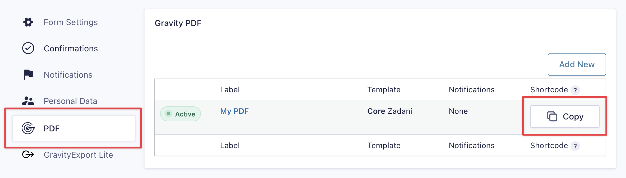 Gravity PDF settings interface with PDF configuration and "Copy" button highlighted