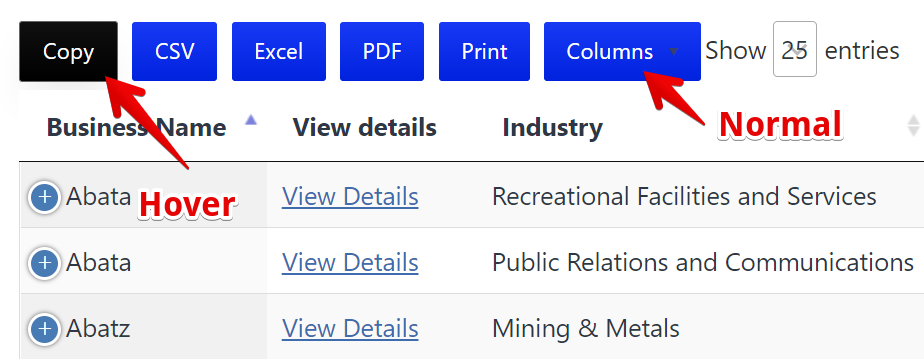 DataTables export buttons: 'Copy' hovered, others normal; shows entries list and layout change example