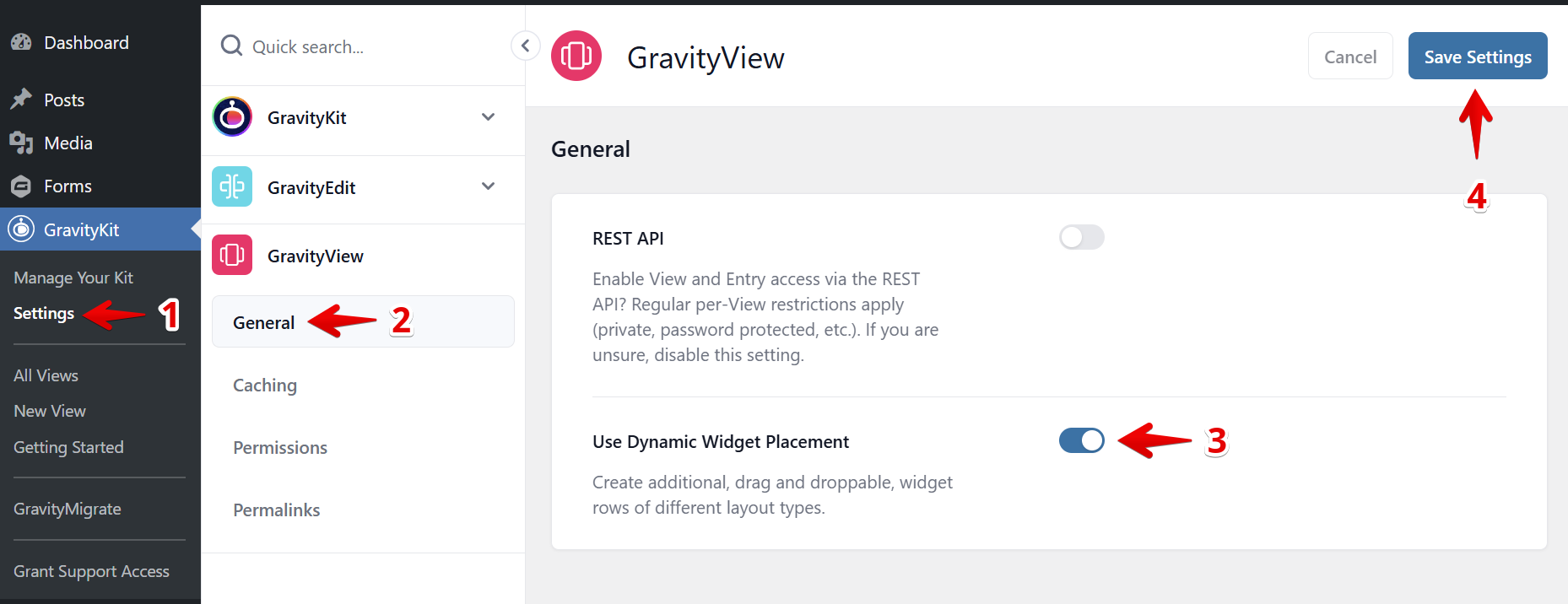 GravityKit settings showing "Use Dynamic Widget Placement" toggle enabled in General settings