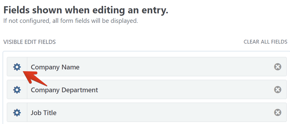 Configuring fields: Company Name, Company Department, Job Title for edit entry screen. Options to clear fields