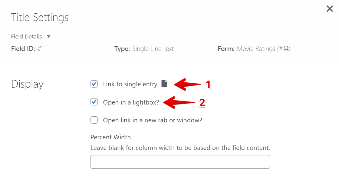 Settings panel for linking to a single entry or opening in a lightbox with checkboxes