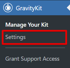 Navigate to GravityKit's "Settings" for managing your kit and support access