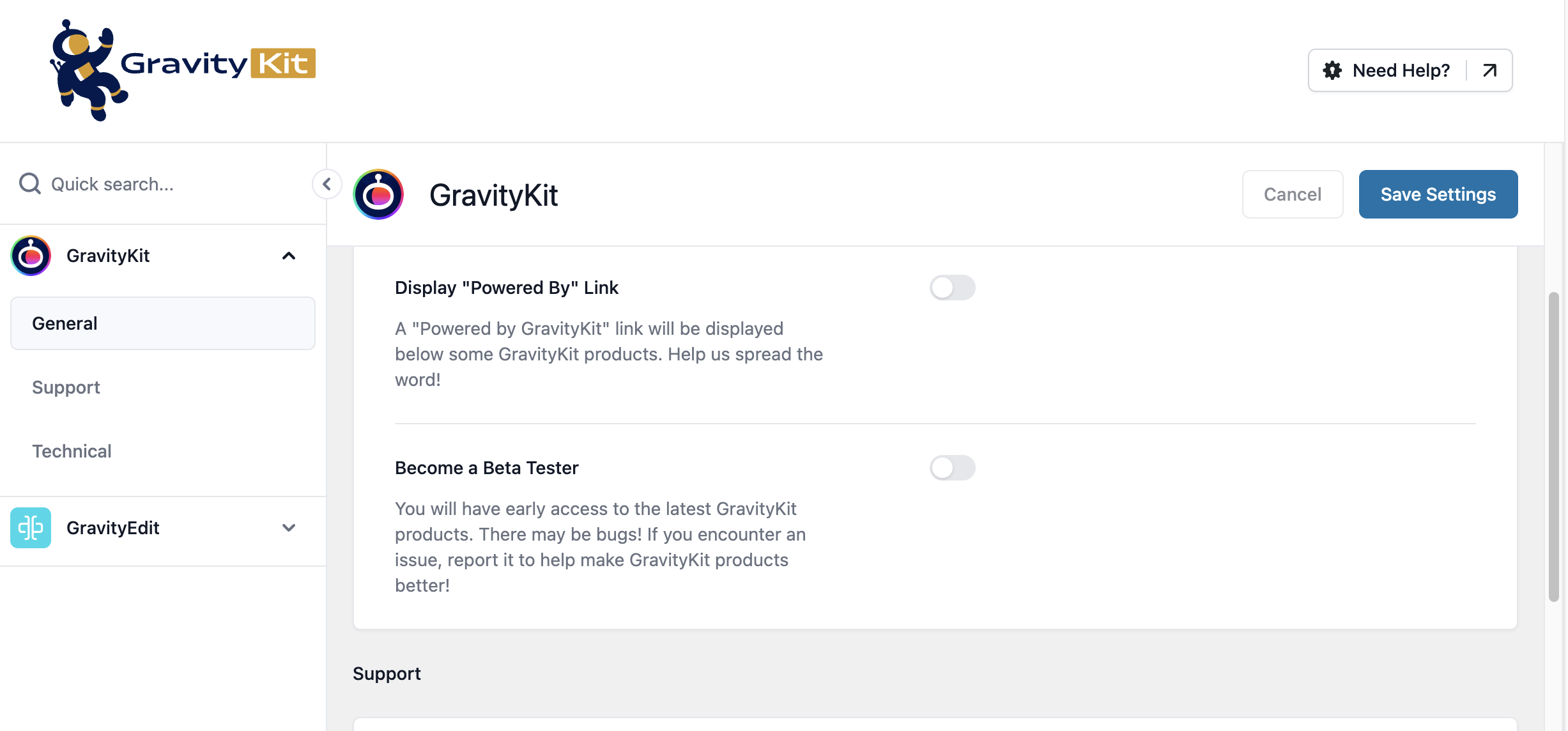 Settings panel for GravityKit showing options to display "Powered By" link and become a beta tester
