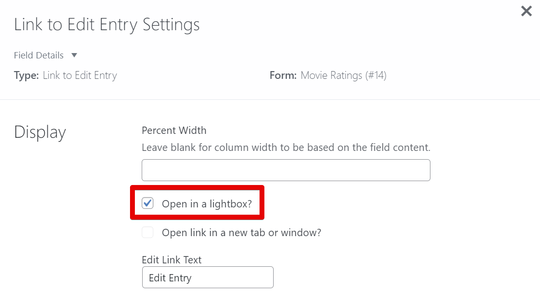 Checkbox option for opening entry details in a lightbox in settings menu