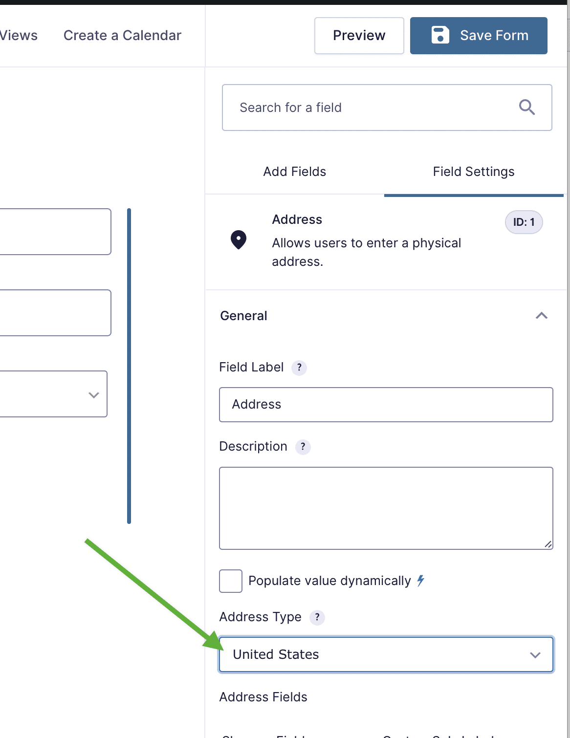 Address field settings with "United States" selected under Address Type