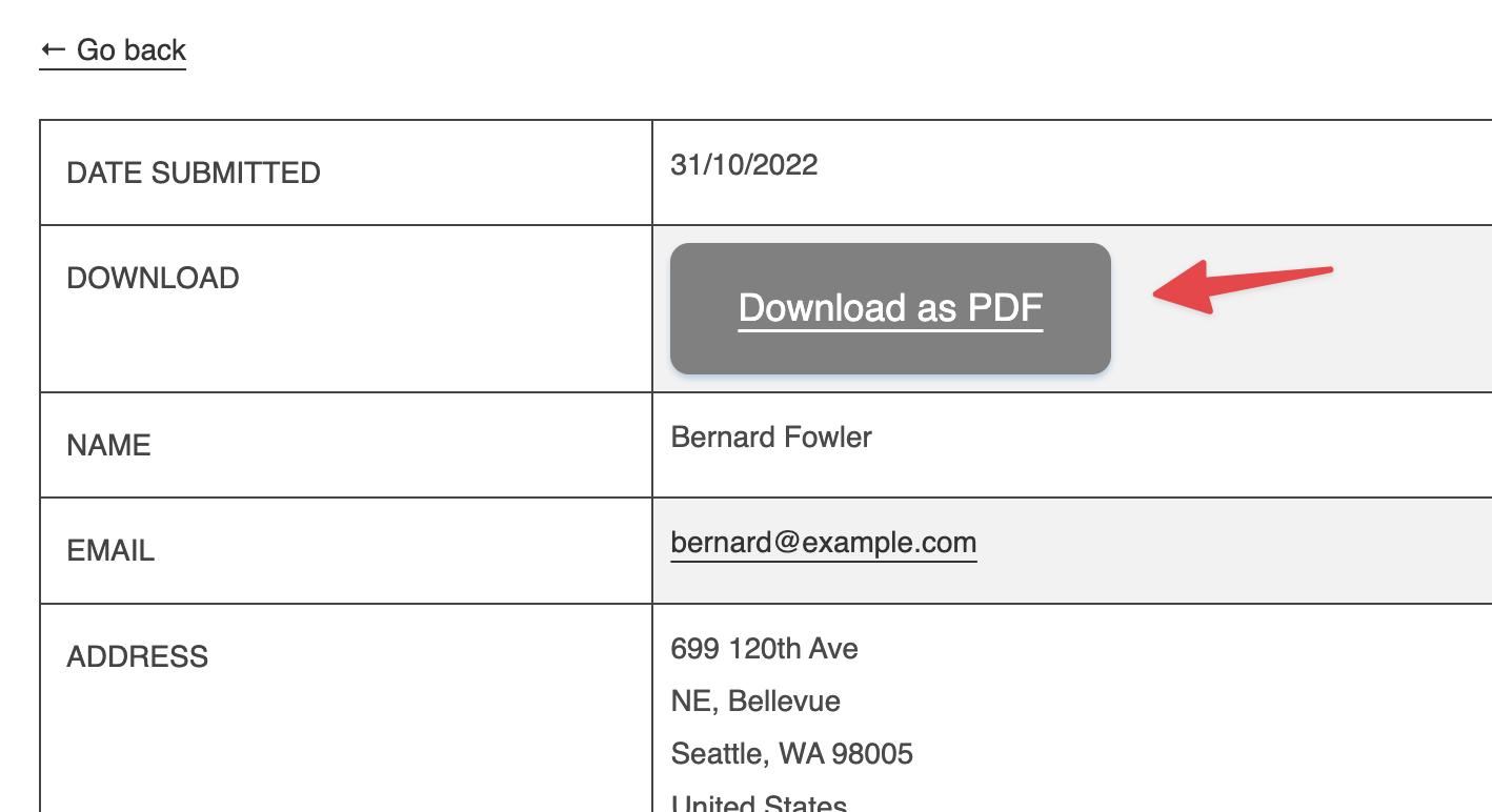 Download button labeled "Download as PDF" for exporting GravityView entries