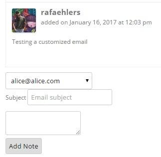 Customized email form with user, email selection, and subject fields