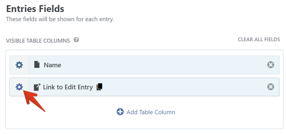 Edit Entry screen with Name and Link fields, gear icon for settings, option to add table column