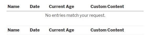 Table with headers: Name, Date, Current Age, Custom Content. Message: "No entries match your request."
