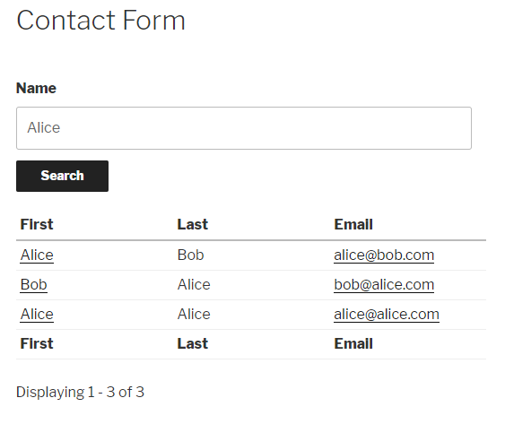 Contact form with search functionality, displaying three search results for "Alice" with names and emails