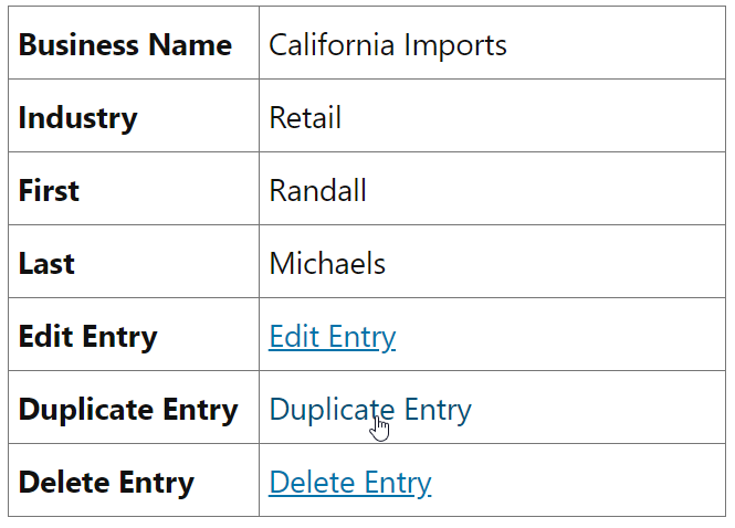 Table with options to edit, duplicate, or delete a Gravity Forms entry from the frontend