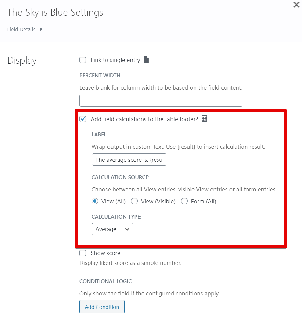 Checkbox toggles field calculations in table footer with label and source options
