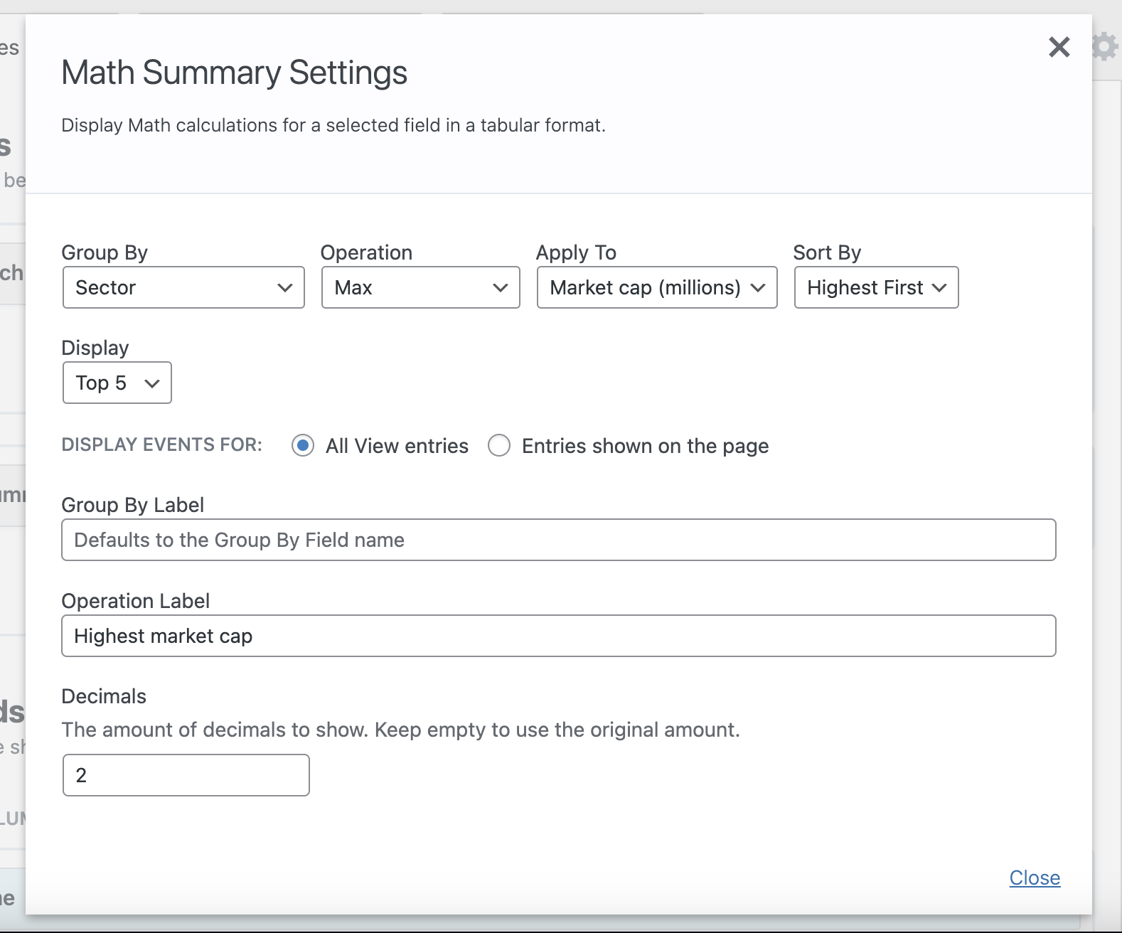 Math Summary Settings panel for configuring display calculations based on sector and market cap