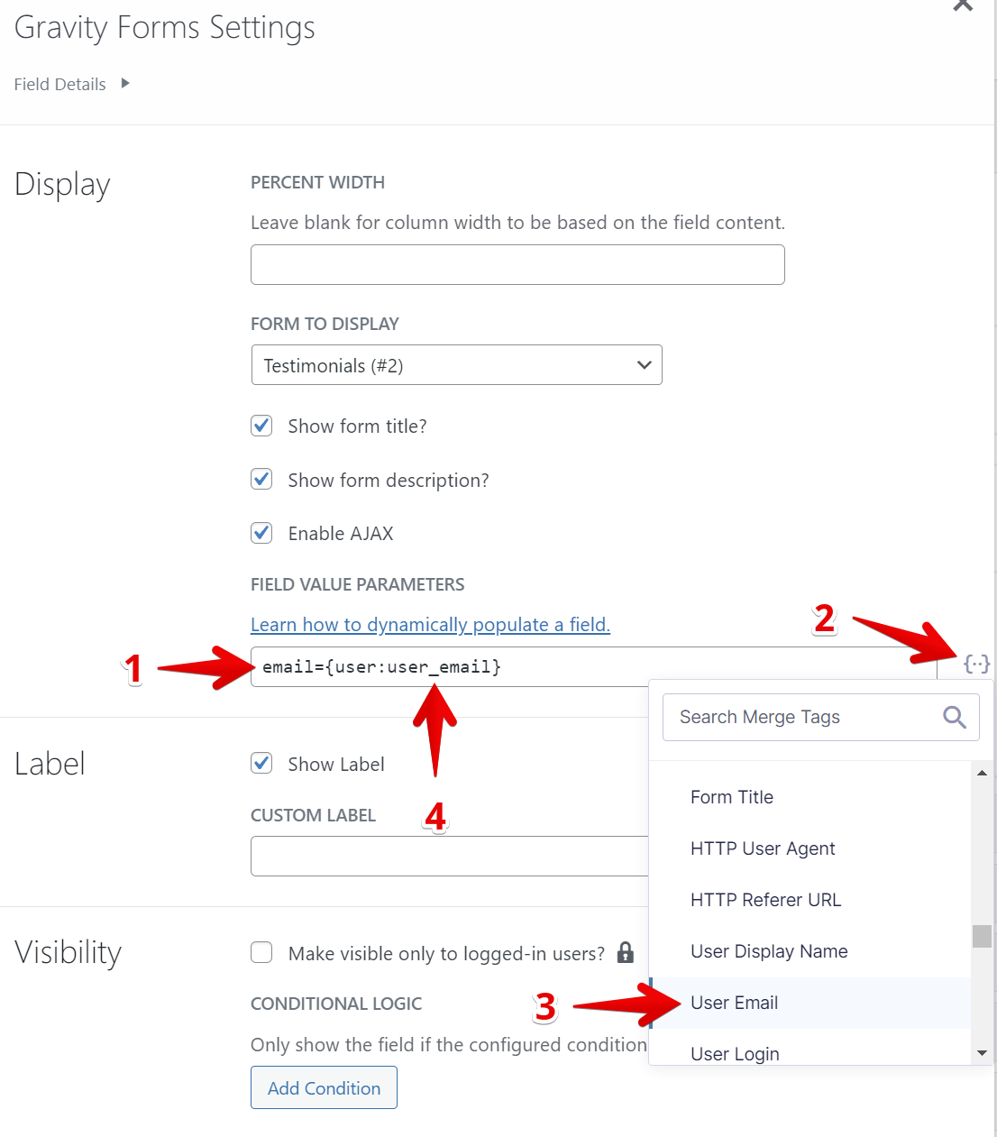 Form settings interface with dynamic field population using user email merge tag