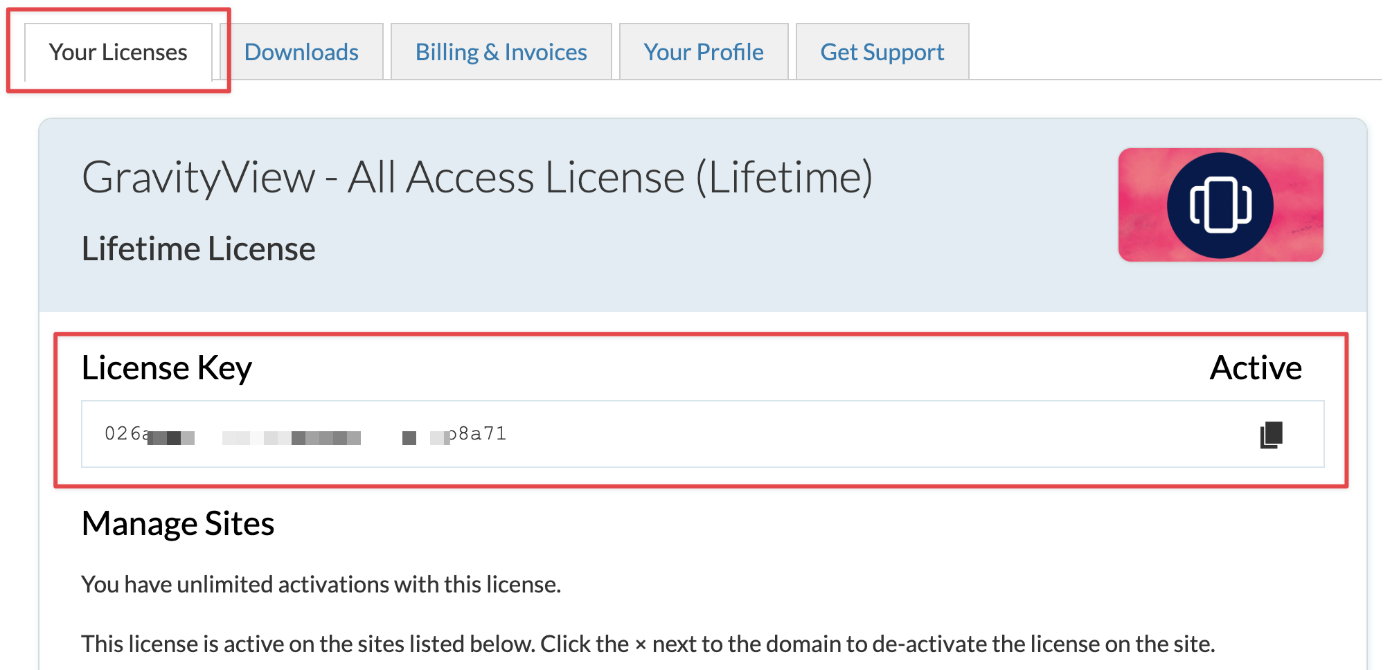 License management interface showing an active GravityView Lifetime License with a license key