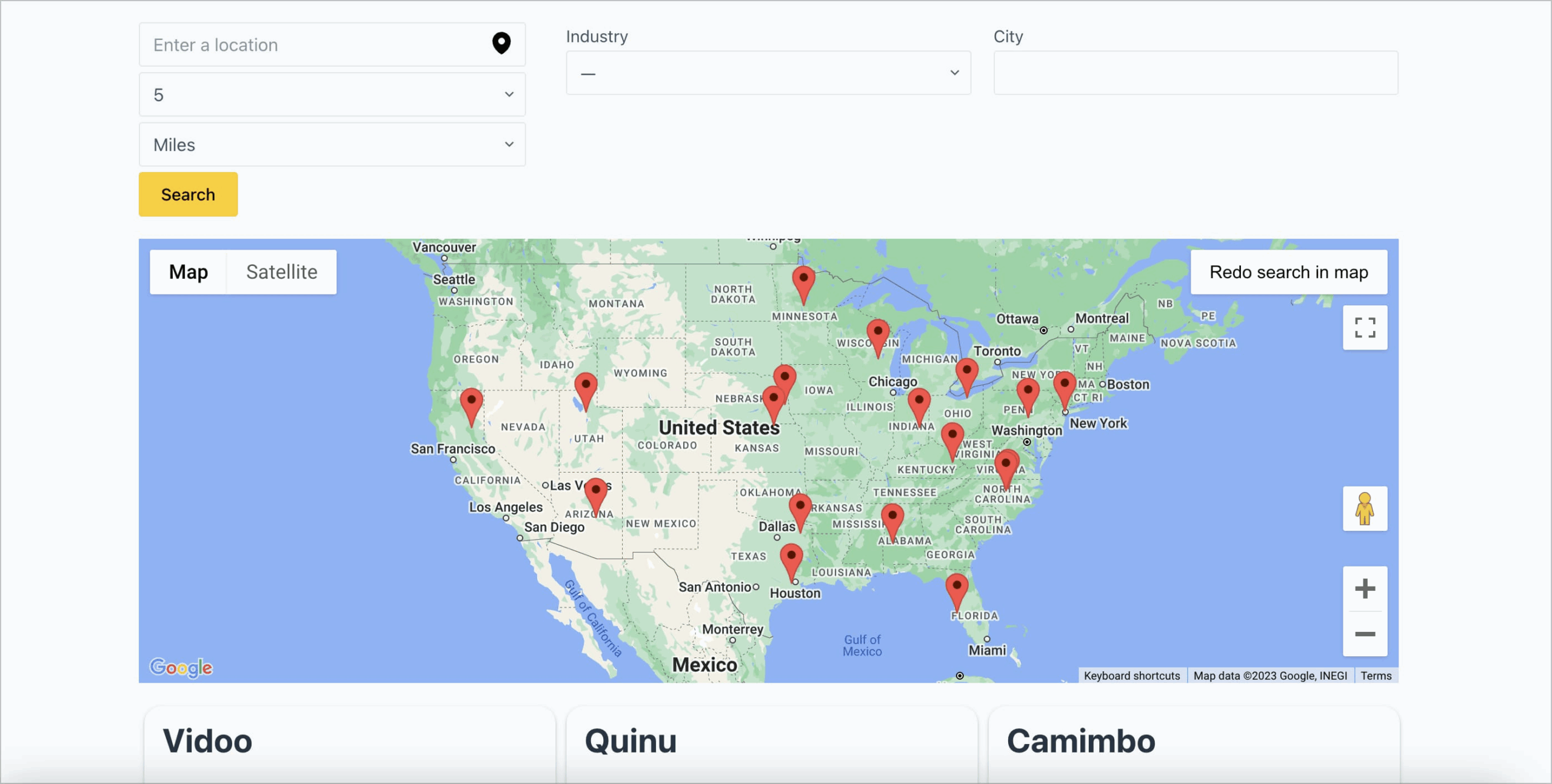 Map with location markers and search filters for location, industry, and city to refine search results