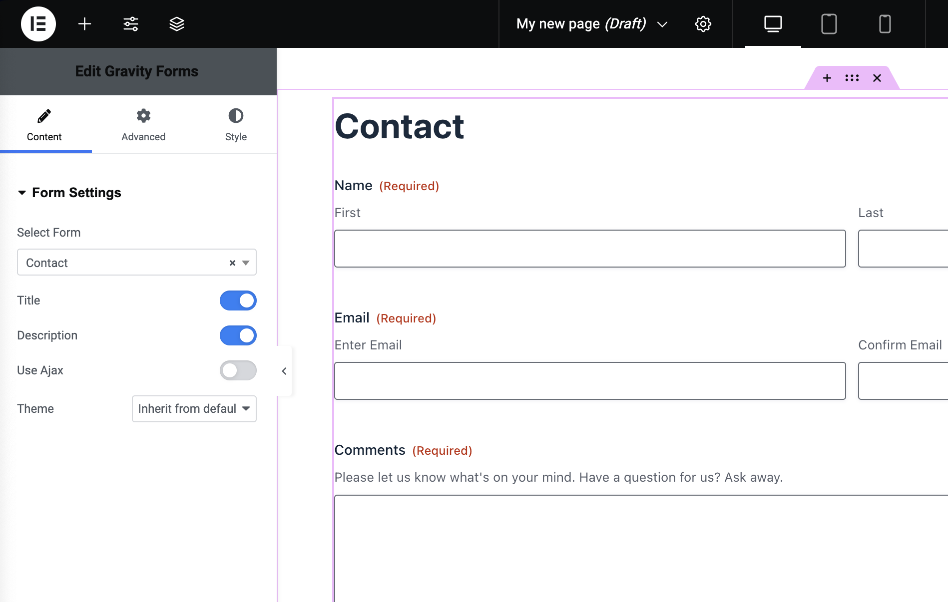 Gravity Forms settings and Contact form fields in Elementor editor