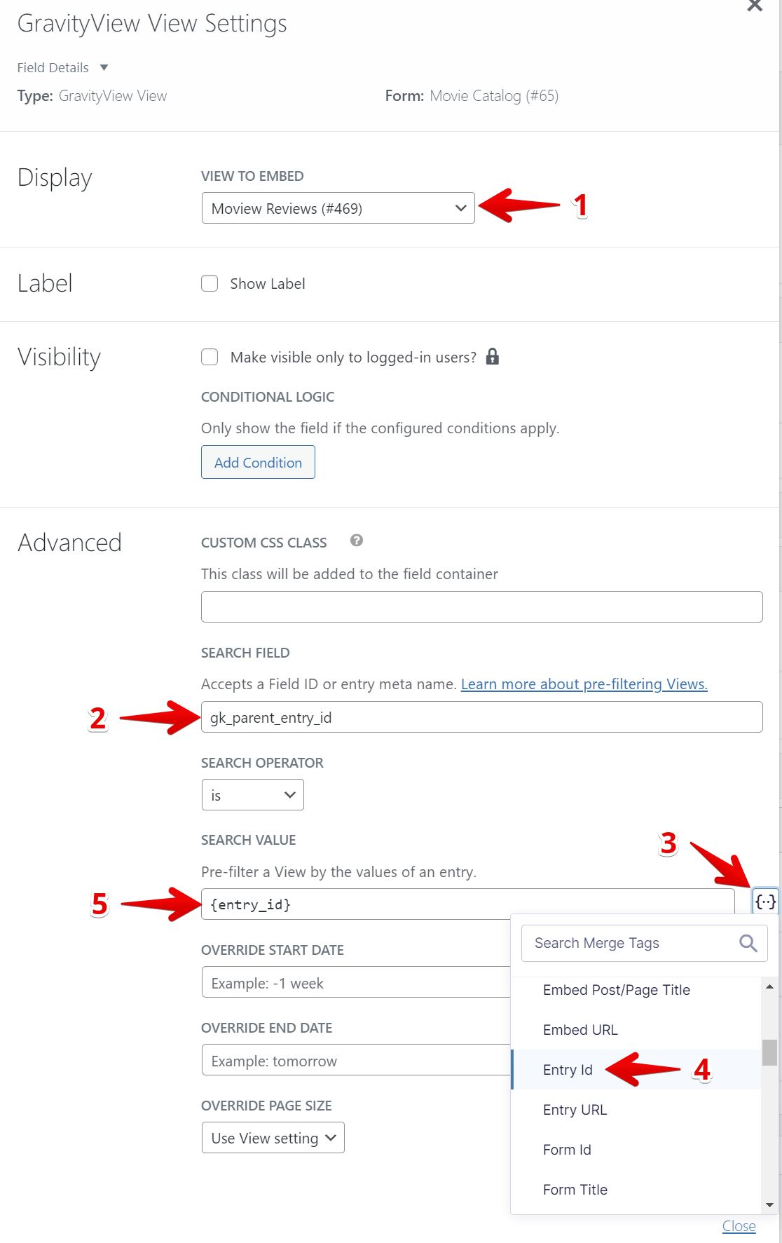 GravityView settings interface showing embed options and search parameters for a review system