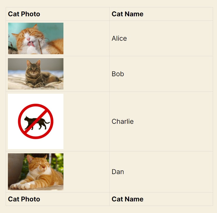 Table with cat photos and names: Alice, Bob, Charlie (with no photo allowed symbol), Dan