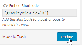 Embed shortcode interface with options to update or move content to trash