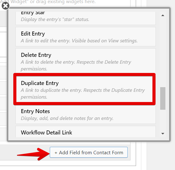 Options menu highlighting "Duplicate Entry" link for duplicating an entry