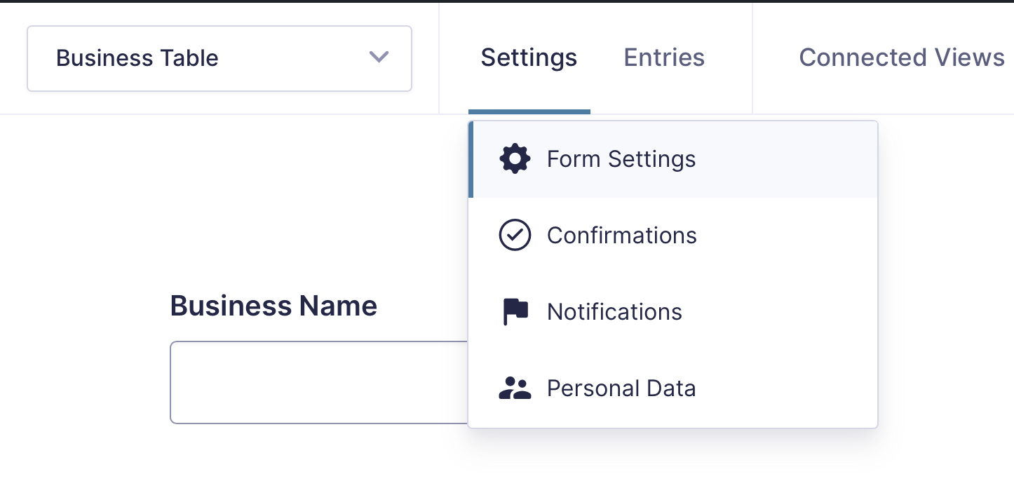 Dropdown options under "Settings": Form Settings, Confirmations, Notifications, Personal Data