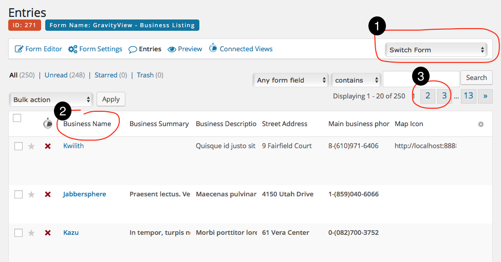 "Entries interface with sorting issue; numbered options highlight form switch, column, and pagination."