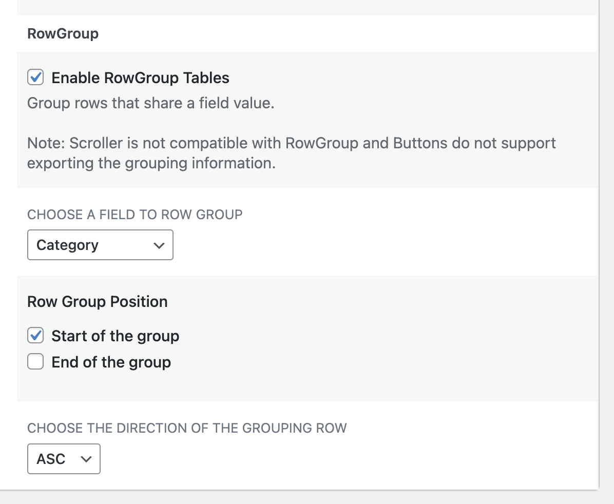 Options to enable row grouping by field, select position, and direction