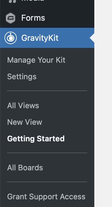 GravityKit menu options: Manage Your Kit, Settings, All Views, New View, Getting Started, All Boards, Grant Support Access
