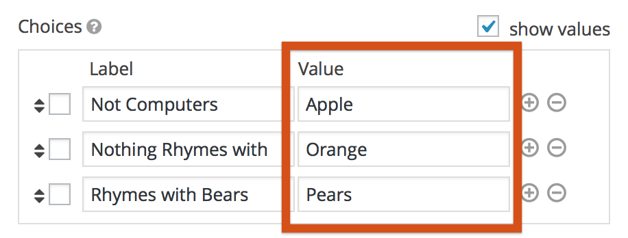 CSV import table with label-value pairs: Apple, Orange, Pears