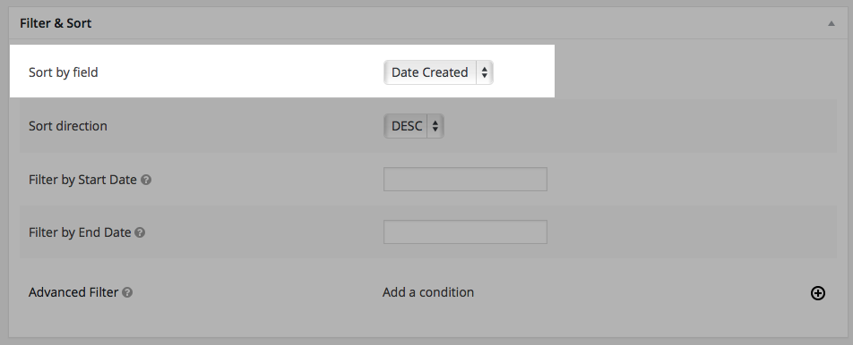 Sort options show "Sort by Date Created", direction "DESC", with date filters