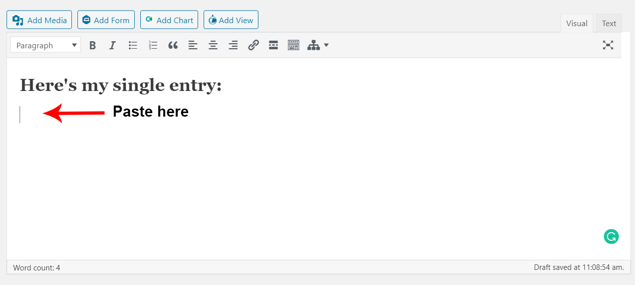 WordPress editor showing an arrow pointing to where to paste a single entry