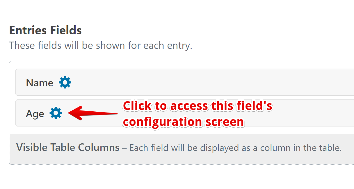 Fields for entries with gear icons to configure "Name" and "Age" fields in a table