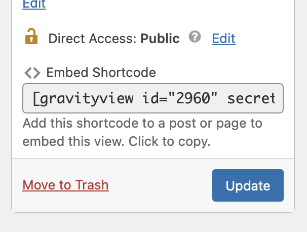 Shortcode example for embedding a GravityView with ID 2960 and secret option