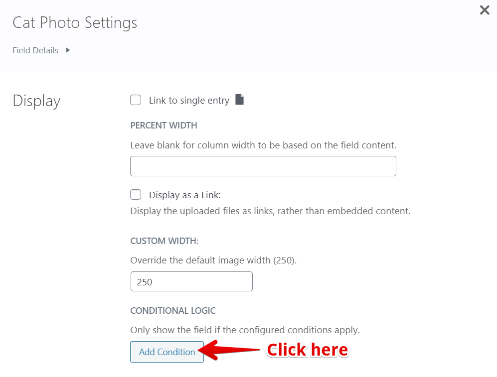 Cat Photo Settings interface with options for link, width, and conditional logic. Highlight on "Add Condition."