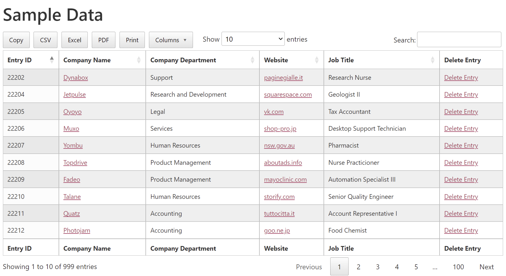 DataTable with company names as clickable links, export options, and a Delete Entry button per row