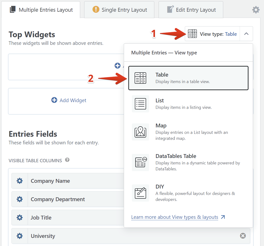 Select "Table" under "View type" to display items in a table view