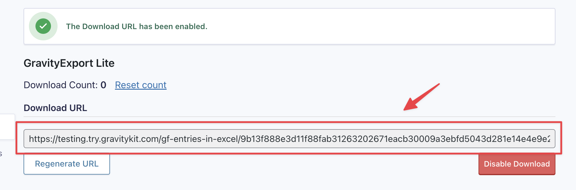 Download URL in GravityExport Lite with options to reset count or disable download