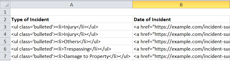 Excel sheet with HTML tags in "Type of Incident" and "Date of Incident" columns