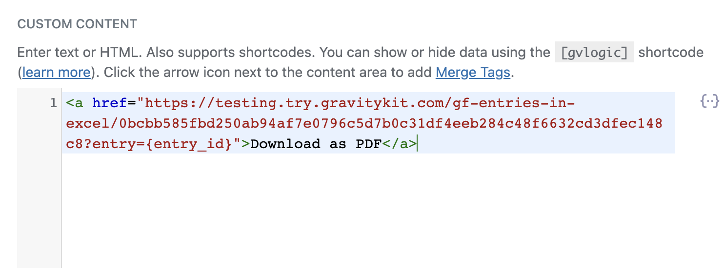 HTML code example for adding a PDF download link in GravityView