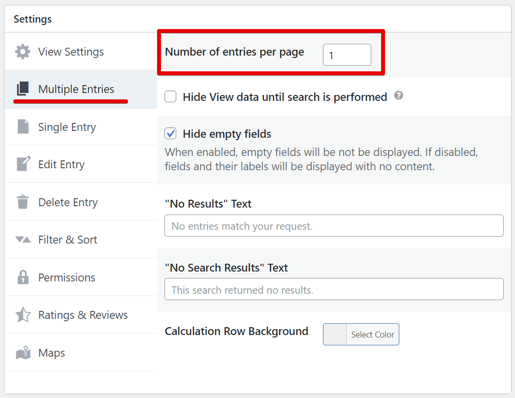 Settings page showing "Multiple Entries" with "Number of entries per page" set to 1 for last entry display