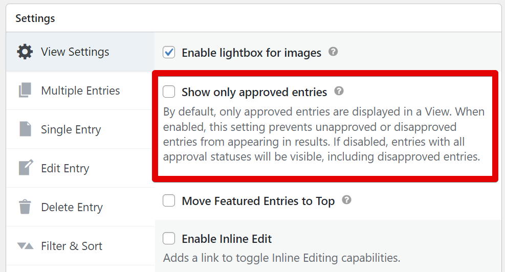 "Settings panel showing 'Show only approved entries' option with description and checkbox."