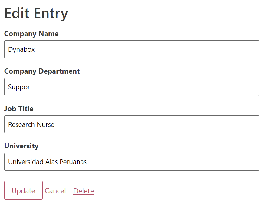 Edit Entry screen with fields for Company Name, Department, Job Title, University, and buttons: Update, Cancel, Delete