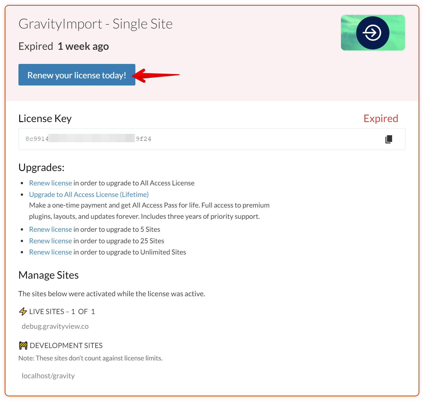 GravityImport Single Site license expired. Button prompts to renew. Options for upgrades and managing sites listed