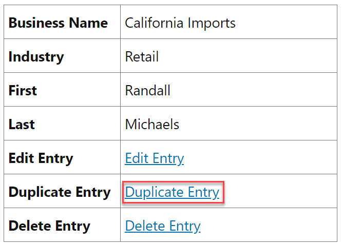 Gravity Forms entry list with options to edit, duplicate, or delete an entry